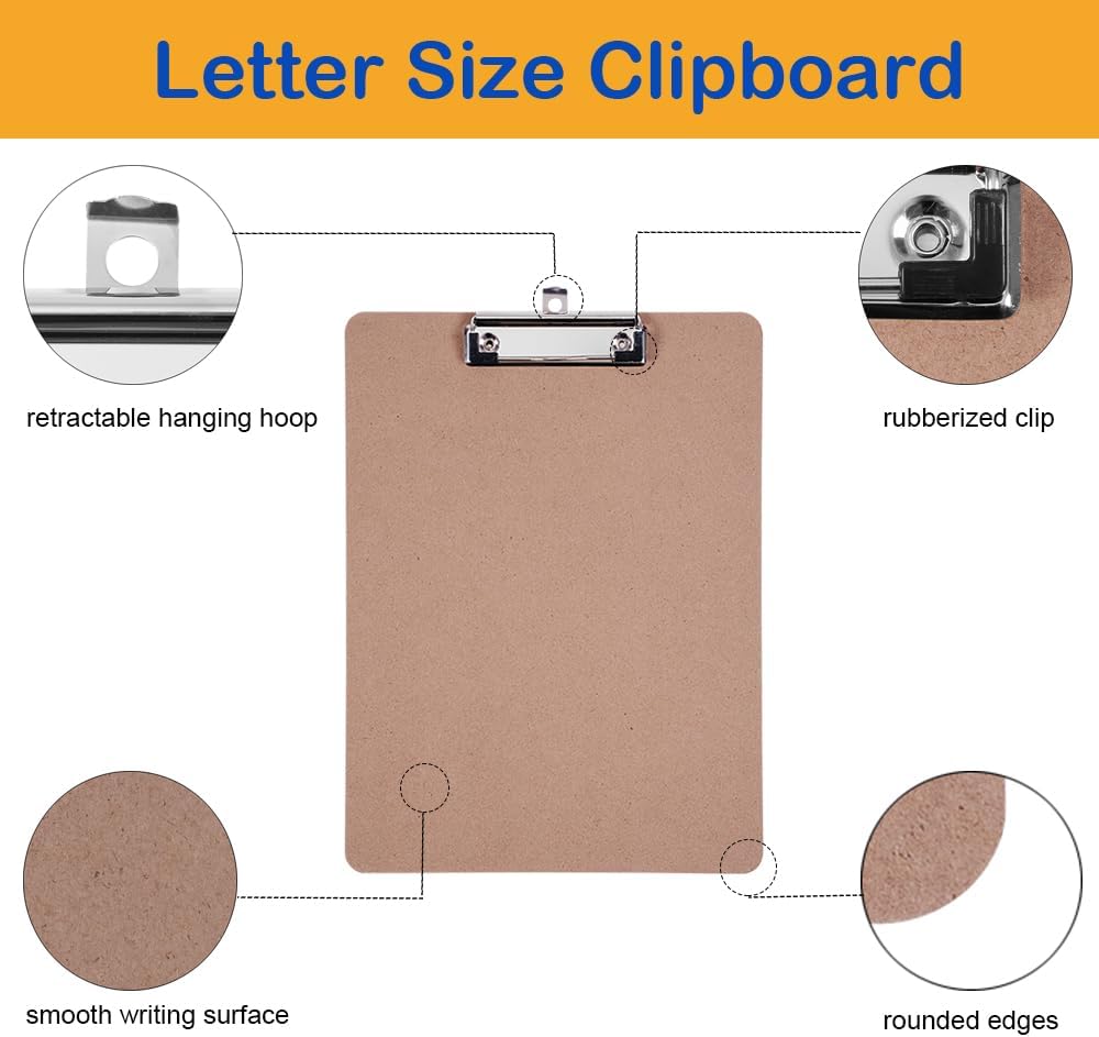 Clipboards Bulk, EZZGOL 36 Pack Letter Size Wood Clipboards, Low Profile Clip, Recycled Hardboard Clipboard with Hang for School Classroom Home