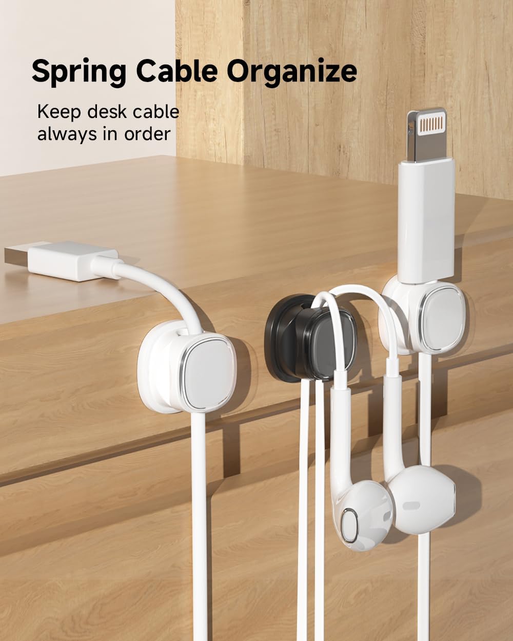 9 Pack Cord Organizer, Spring Cable Management, Adhesive Cute Cable Holder Clips, Phone Charger Wire Keeper for Desk Nightstand Car Office (9-Pack White_Black)