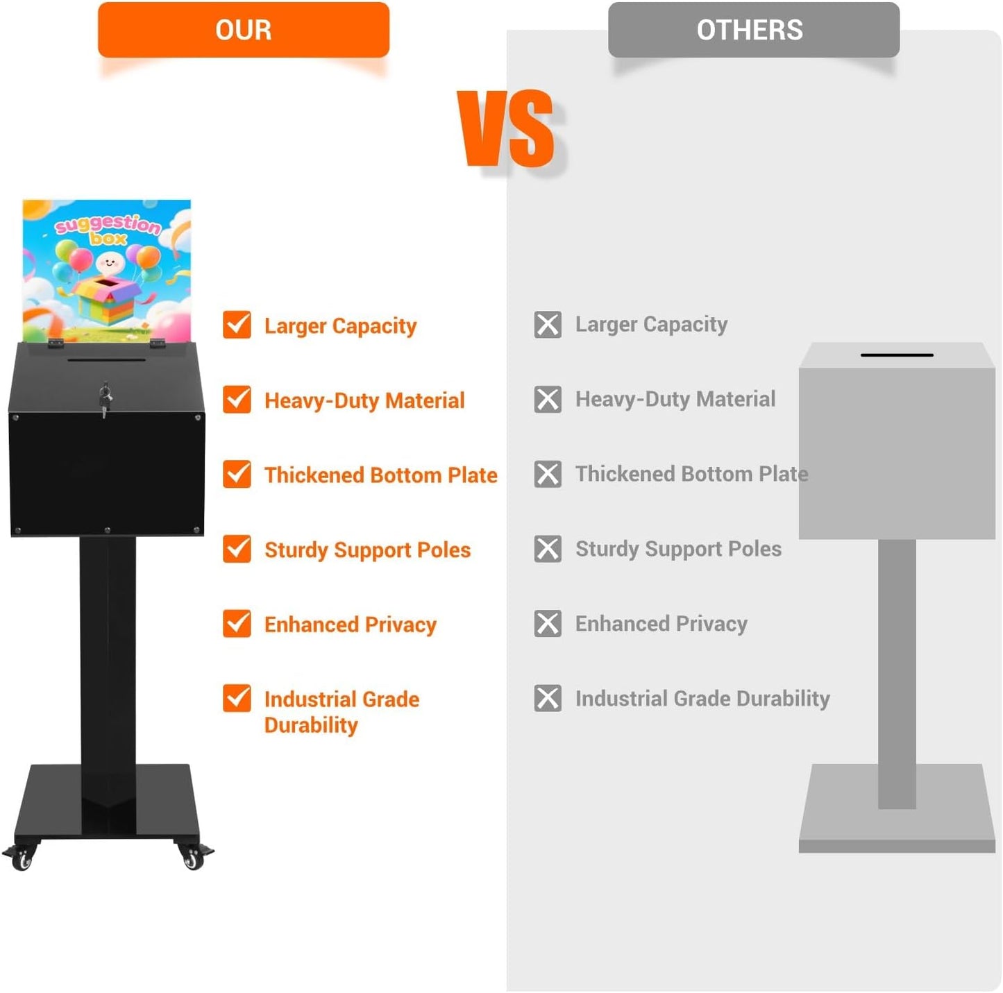 Acrylic Donation Box with Stand, Large Suggestion Box for Church, Drawing Raffle with Key and Lock, Secure Collection Box for Fundraising, Offering, Ballots, Feedback, Black