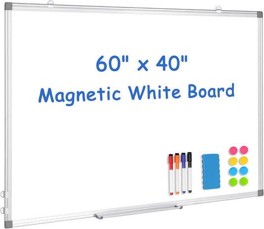 WALGLASS Large White Board, 60" x 40" Double-Sided Dry Erase Board Magnetic Whiteboard for Wall, Hanging Mounted Whiteboard Silver Aluminium Frame for Home, School, Office