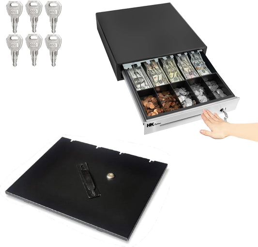 HK SYSTEMS 16" Heavy Duty Black Manual Push Open Cash Drawer with 5Bill/5Coin Stainless Steel with Till Cover