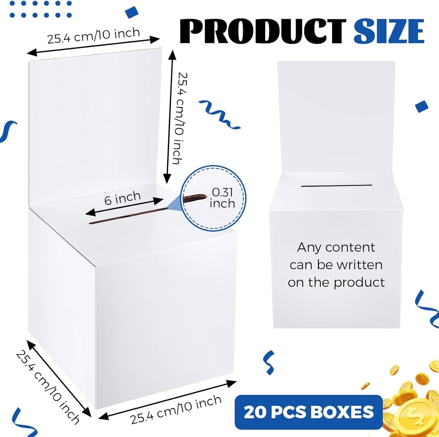 PerKoop 20 Pcs Extra Large Raffle Ticket Box, 10 x 10 x 10 Inch Cardboard Ballot Box with Slot, Large Suggestion Donation with Removable Header for Fundraising Ticket Collecting Voting Contest, White