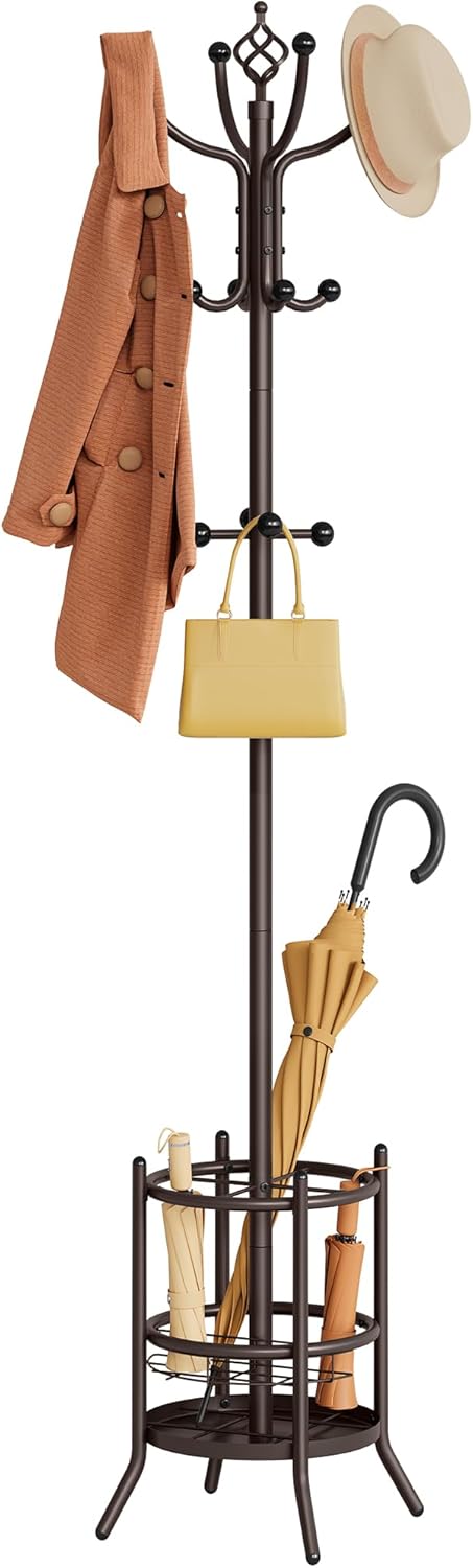 Tajsoon Coat Rack Stand with Umbrella Holder, Coat Tree Freestanding with 16 Hooks, Coat Hangers Stand for Living Room, Bedroom, Office, Brown
