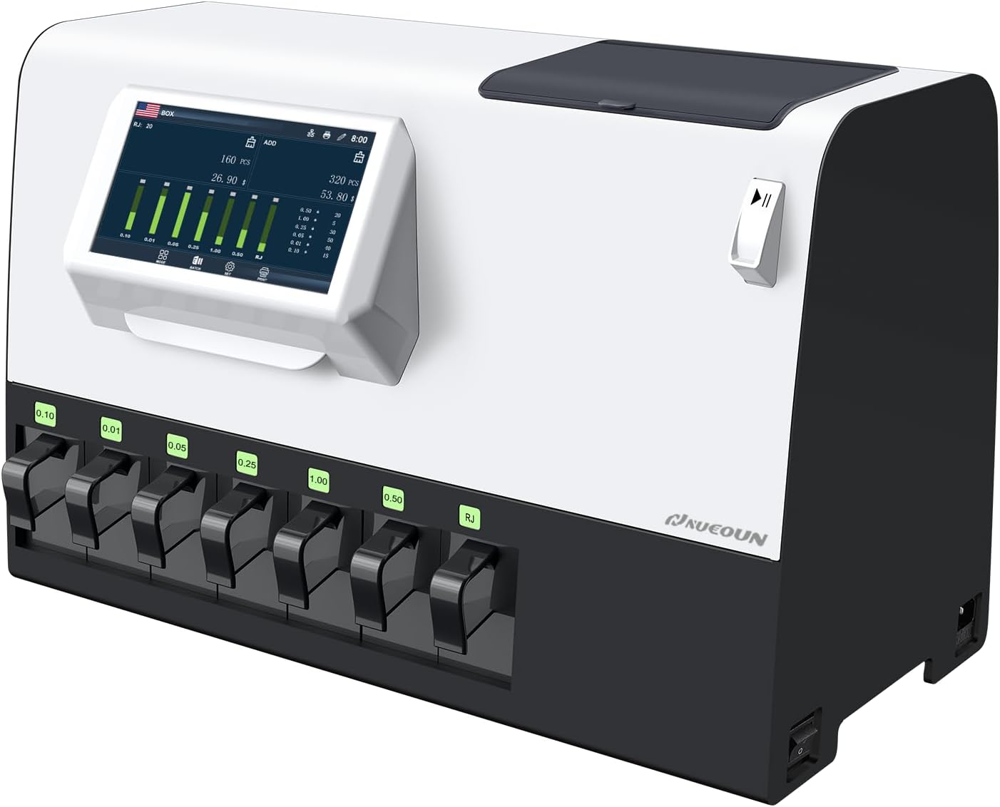 NUCOUN C600 Coin Counter Bank Grade, Heavy Duty 7-Pocket USD Coin Sorter,7-inch Touch Screen,High Speed 610 Coins/min, Printer Enable, Two-Year After Service