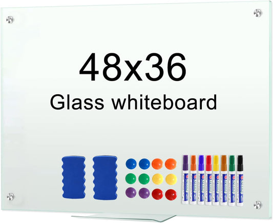 H-Qprobd Dry Erase White Board 48"x36" Glass Magnetic Whiteboard for Wall, Includes 12 Magnets, 8 Markers and 2 Erasers