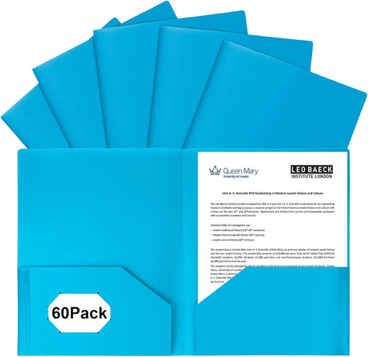 Plastic Folders with Pockets,2-Pocket Poly Folders Holds 8-1/2" x 11" Paper for School/Office/Home (Lake Blue, 60-Pack)