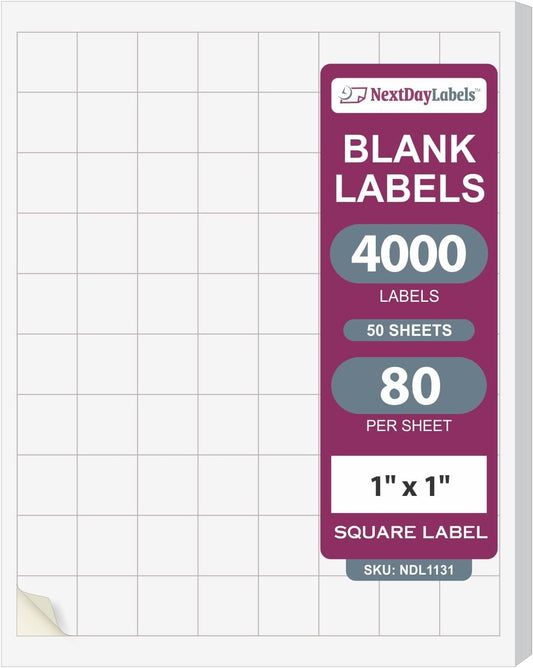 NextDayLabels – 1" x 1" Square Sticker Labels for Printer - White Laser/Inkjet Printer Labels Return Address Labels Shipping Label Stickers (50 Sheets, 80 Per Sheet, 4000 Labels)
