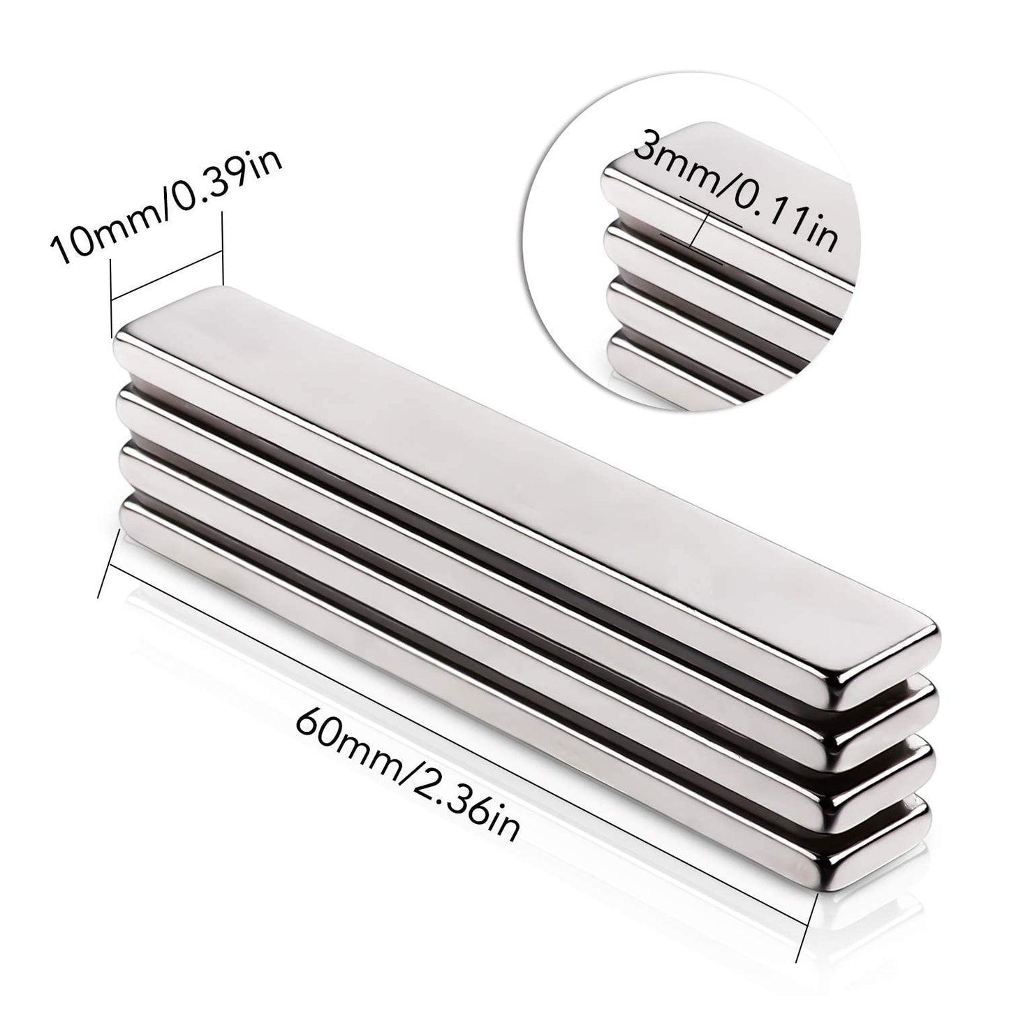 LOVIMAG Strong Neodymium Bar Magnets with Double-Sided Adhesive, Rare Earth Metal Neodymium Magnet for Fridge, Scientific, Shower Door, Office Etc, 60 x 10 x 3 mm, Pack of 4