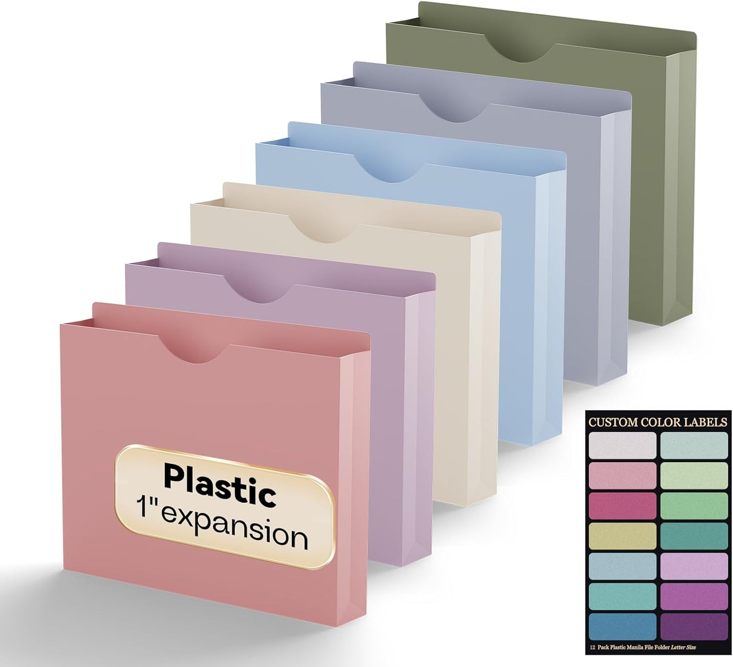 Plastic 1 Inch File Jackets Letter Size, Expanding File Folde for Documents,Upgrade Color,12 Pack Manilla Pocket Folders,Heavy Duty Expansion Pocket Files with Straight Cut Tabs,Morandi Color