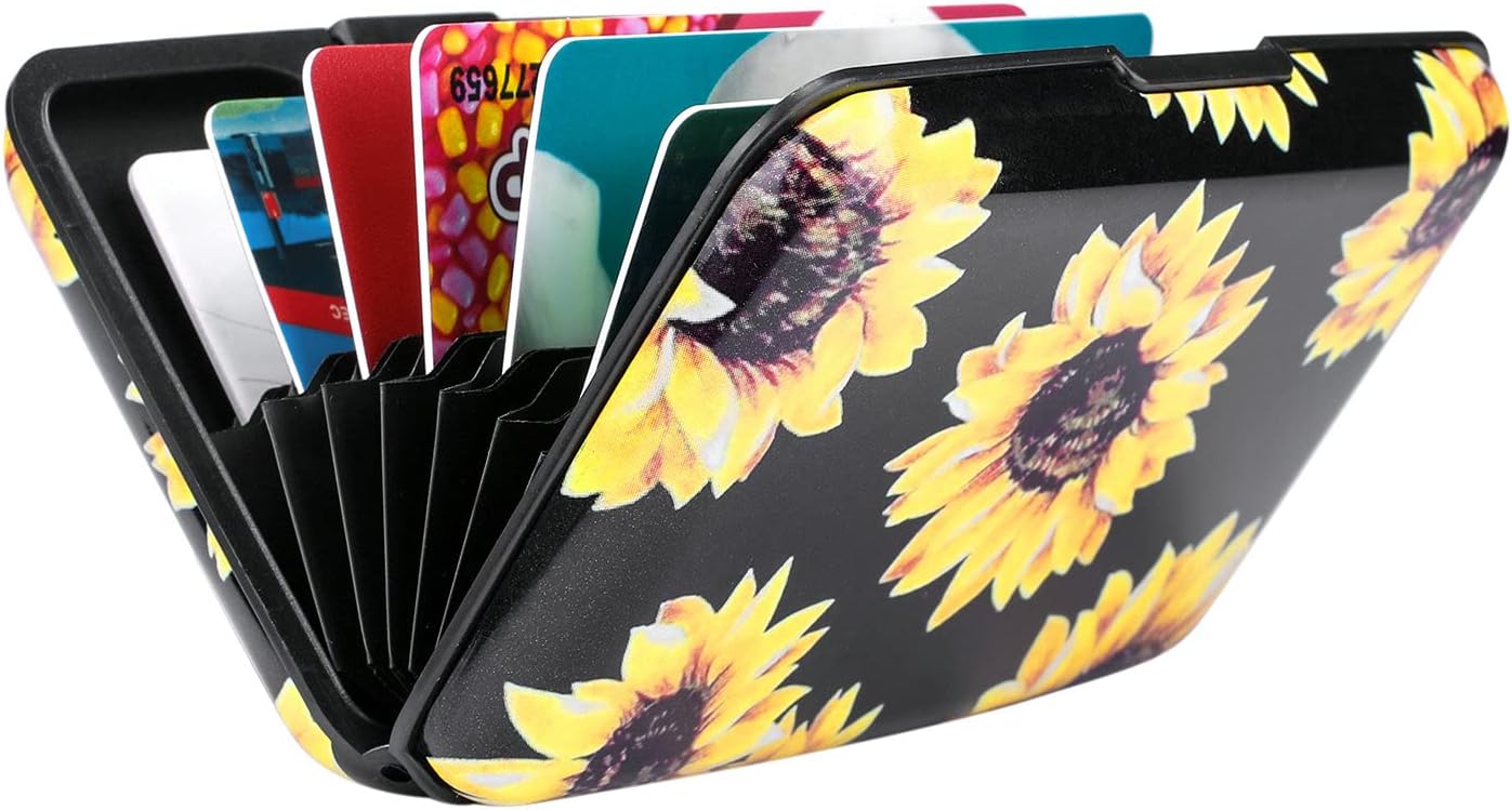 ELFISH Mini RFID Aluminum Wallet Credit Cards Holder Business Card Case Metal ID Case for Men Women (Yellow sunflower)