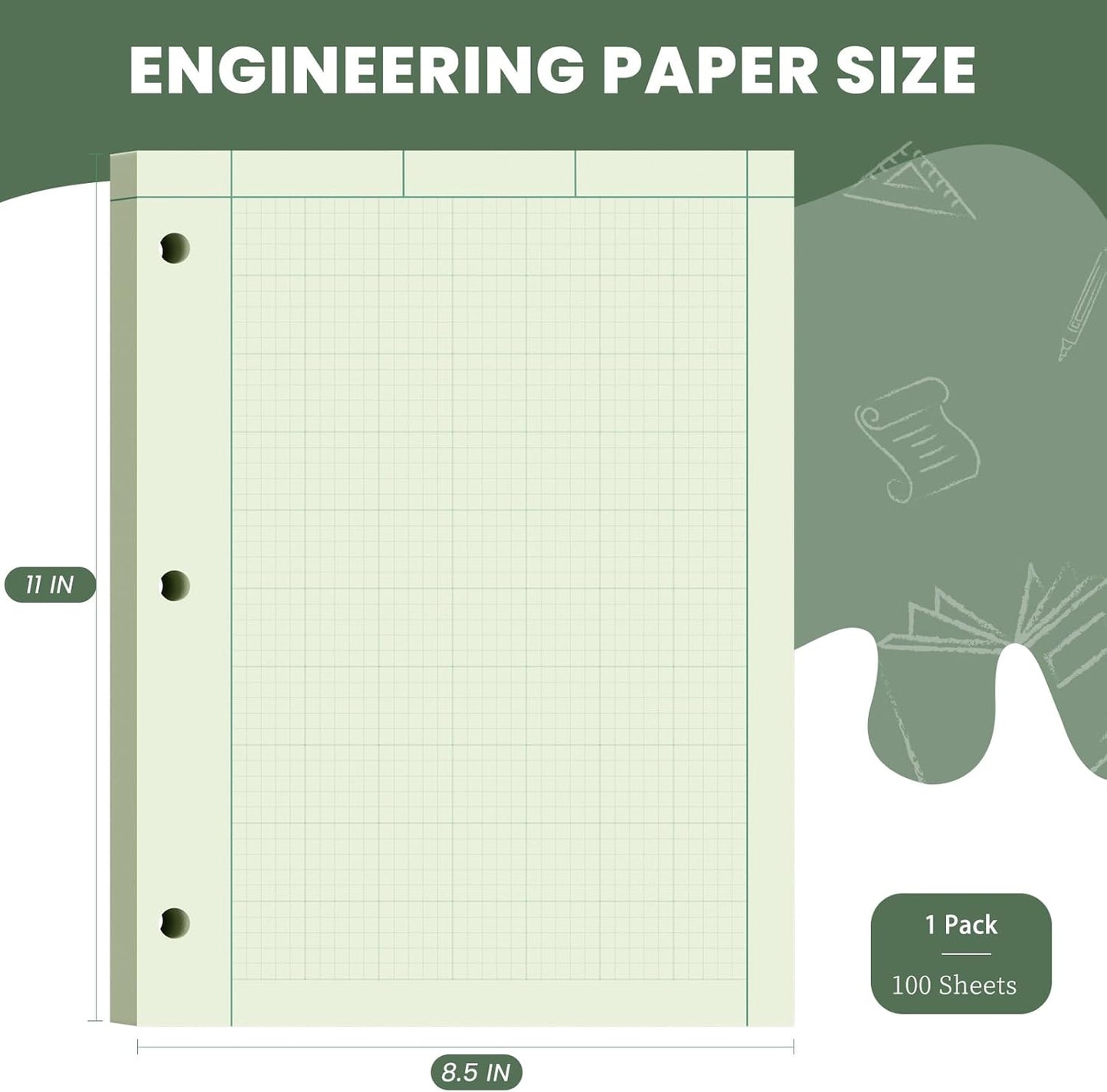 Engineering Paper 8.5 x 11, 100 Sheets Top Glue Binding Engineering Notebook, 5x5 Quad Ruled Graph Paper, 3-Hole Punched Engineering Computation Pad 8.5 x 11, Green Tint Engineering Paper Notebook