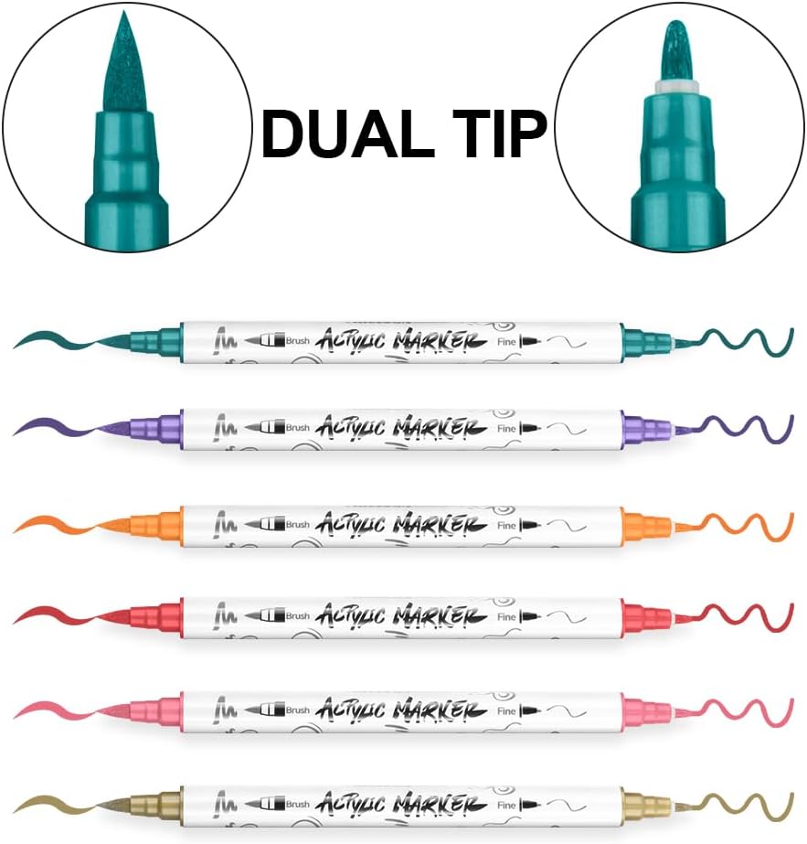 TRANSON 24 Colors Fine and Brush Dual-tip Acrylic Paint Marker Pen Set for Canvas Rock Wood Leather Ceramic DIY Painting