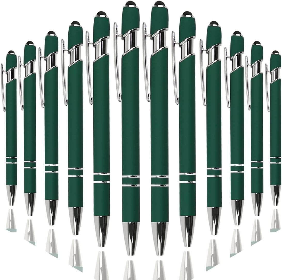 Ballpoint Pen with Stylus Tip, Soft Touch Click Metal Pen, 1.0mm Medium Point, Black Ink, 12 Count(Dark Green)