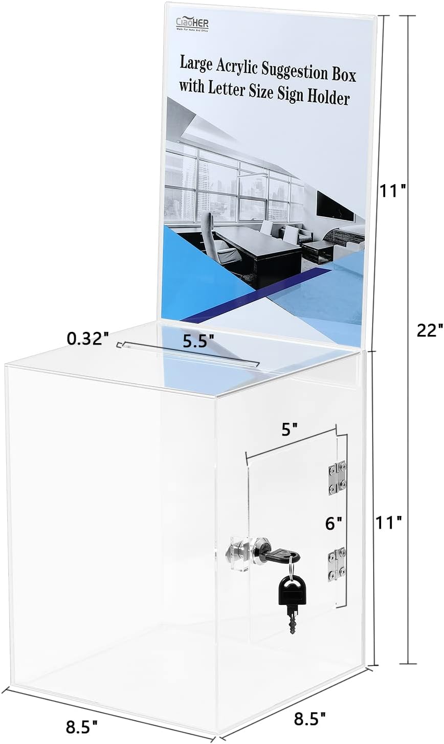 Large Acrylic Suggestion Box with Letter Size 8.5’’x11’’ Sigh Holder, Ballot Donation Box Money Storage Container for Voting, Charity, Ballot, Contest, Suggestions (Clear Acrylic)