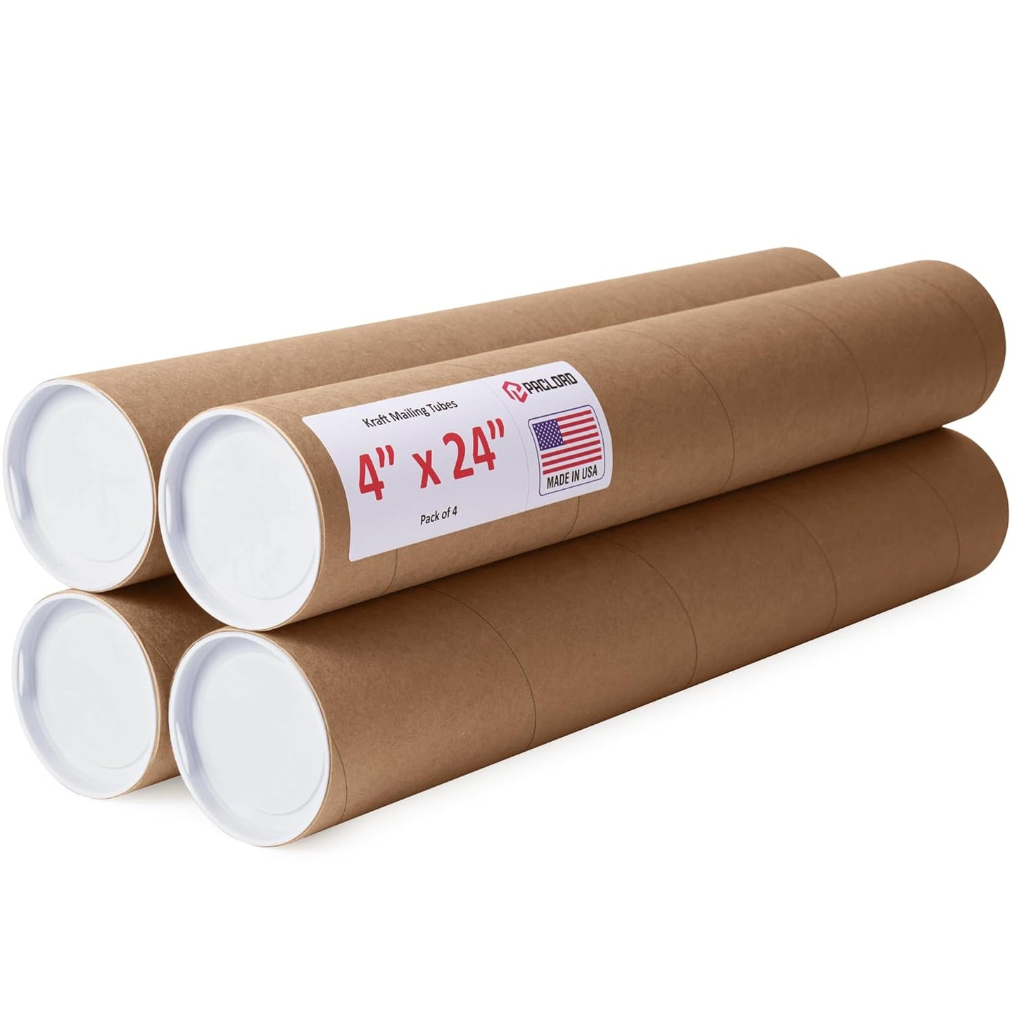 4" x 24" Reinforced Kraft Paper Mailing Tubes, Pack of 4 Tubes with 2 Caps Each – USPS Approved Poster Tube – Made in USA Cardboard Tube for Shipping and Storing Posters, Prints, Artwork, or Documents