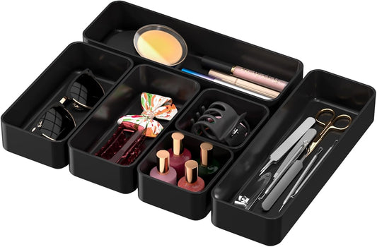 CHANCETSUI 6 PCS Stackable Drawer Organizers Set, Versatile Desk and Vanity Drawer Organizer Trays, Storage Bins for Makeup, Bathroom, Bedroom, Kitchen and Office, Black