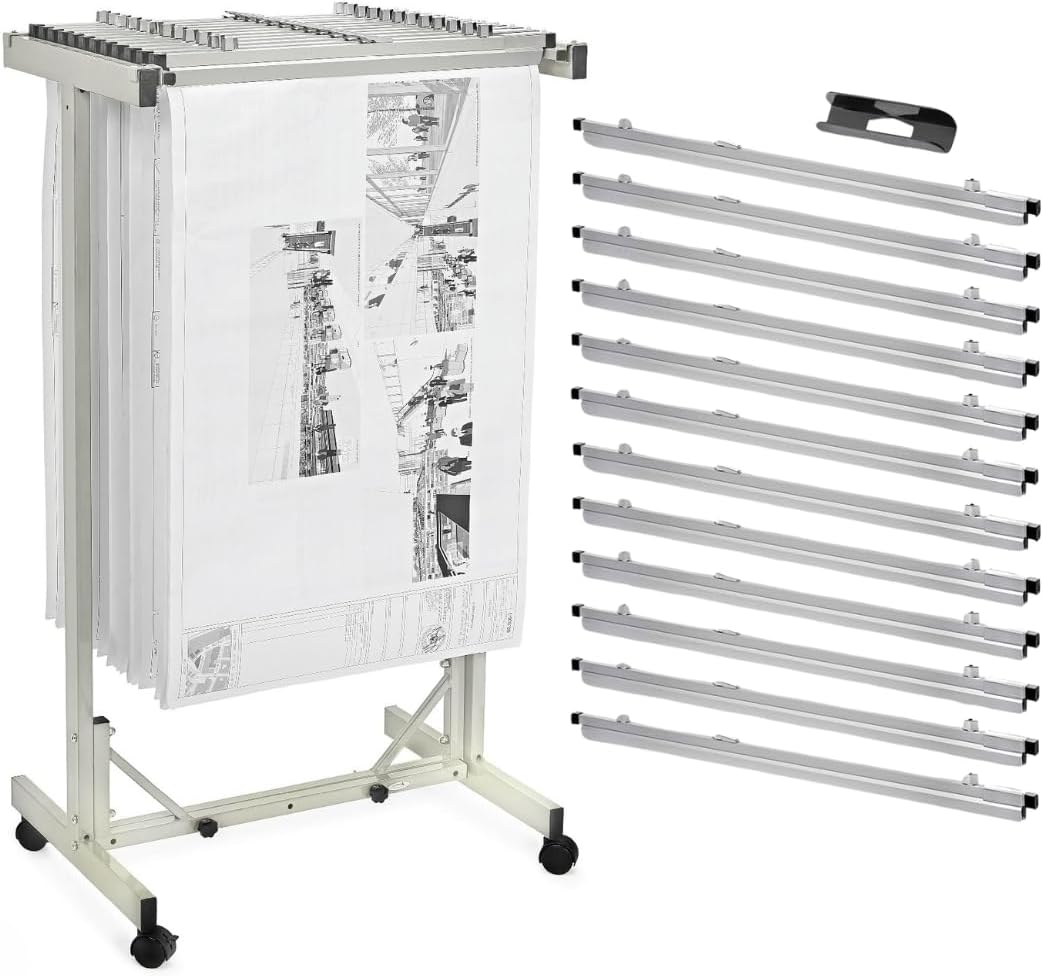 Adir Blueprint Rack and Clamps - 12 Pack of Blueprint Clamp and Mobile Blueprint Rack, Heavy-Duty Large Document Storage Solution for Blueprints, Posters, Maps, & Construction Plans