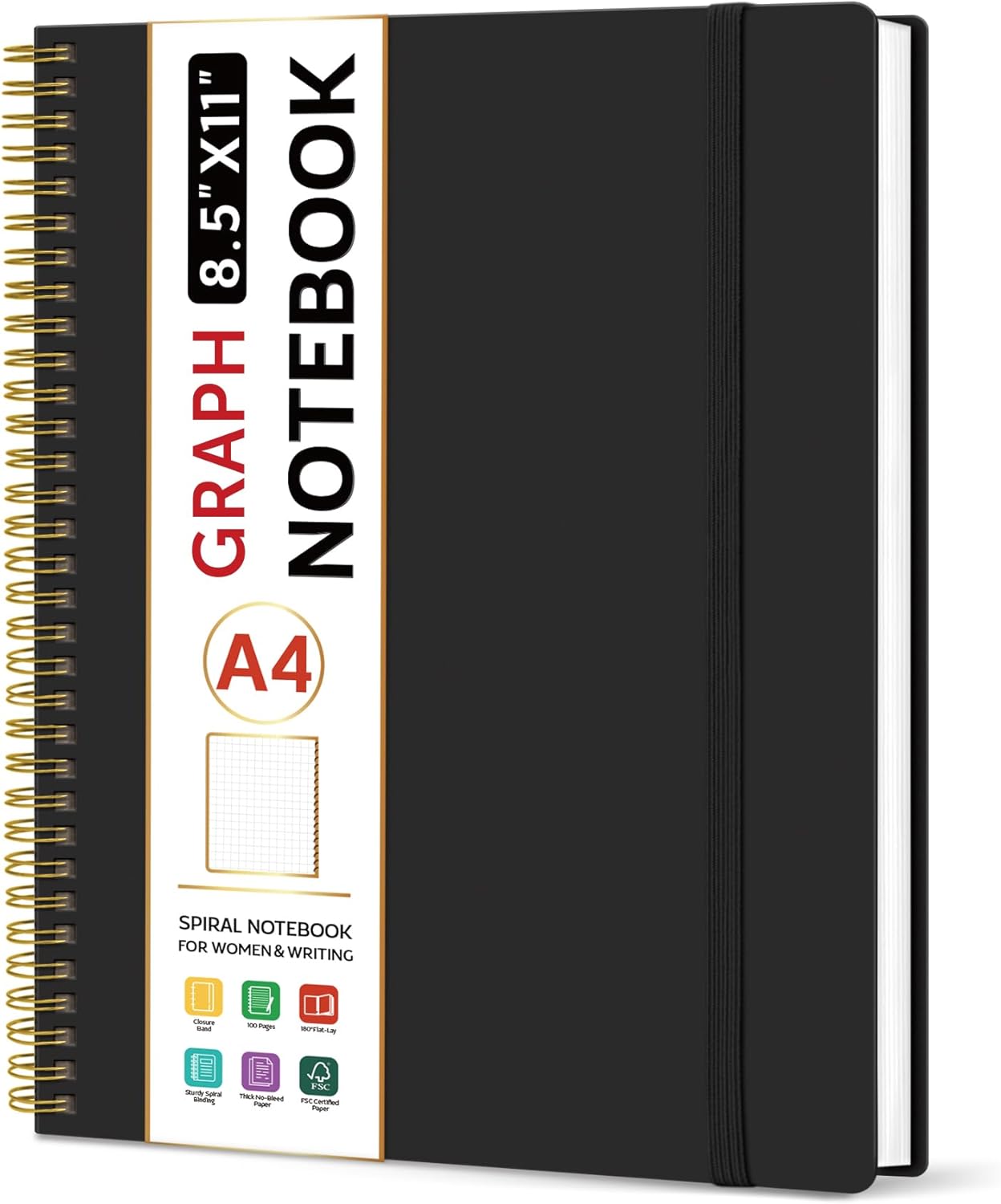 Taja Spiral Graph Notebook, 8.5"x11" Notebooks for Work, Large A4 Journal for Women & Men, Grid Notebook, Journaling Notebook for Writing, Plastic Cover Spiral Journal, Black