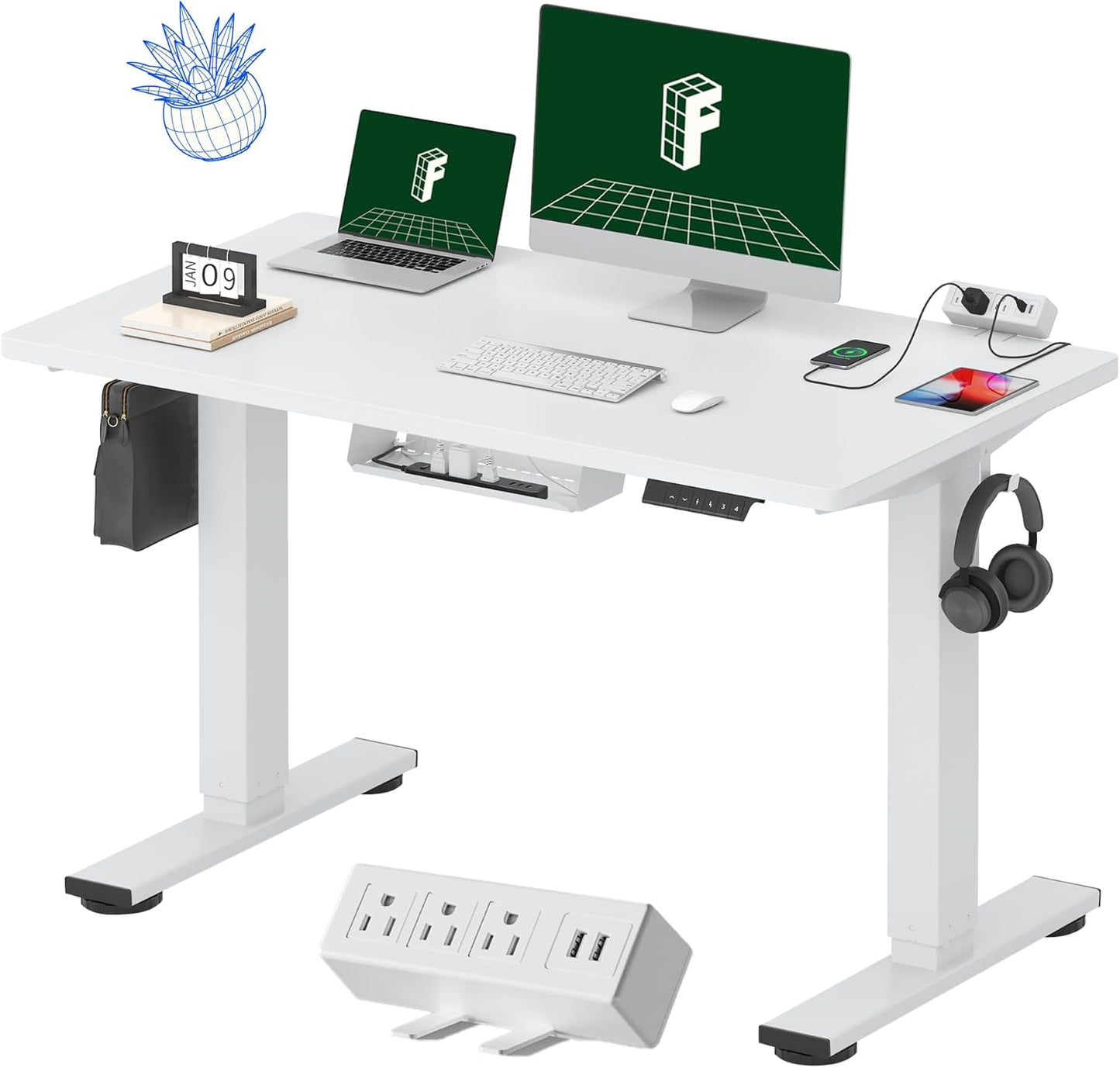 FLEXISPOT EN2 Whole-Piece Standing Desk with Clamp Power Strip, 48x24 Electric Stand Up Height Adjustable Desk with Cable Management (White Frame + 48" White Top)