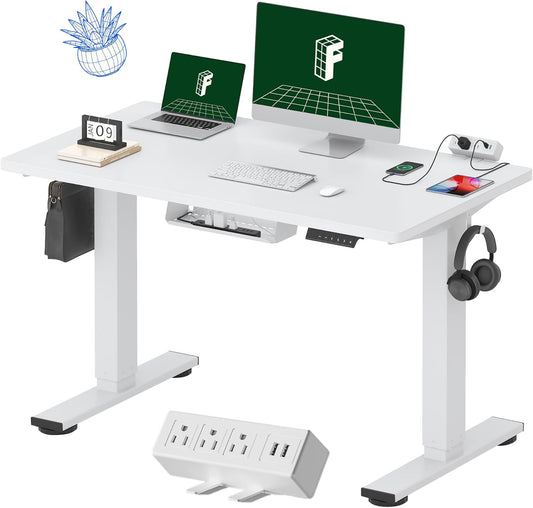 FLEXISPOT EN2 Whole-Piece Standing Desk with Clamp Power Strip, 48x24 Electric Stand Up Height Adjustable Desk with Cable Management (White Frame + 48" White Top)
