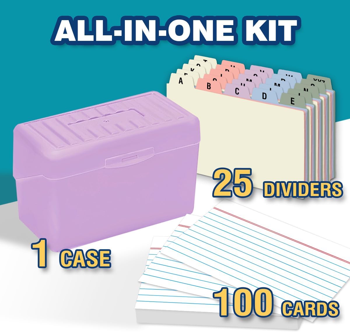 H4D 3x5 Index Card Holder with 100 Heavyweight Ruled Index Cards and 25 Plastic Dividers, Light Purple