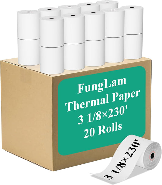 3 1/8" x 230' Thermal Paper Receipt Rolls, Premium Quality Thermal Printer Paper Compatible with Most POS Systems, Cash Registers,Credit Card Paper（20Rolls）