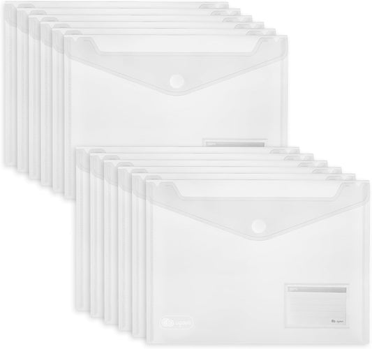 25 Pack Transparent Plastic Envelopes File Folders, A4 Letter Size, Clear Document Folder, Poly Envelopes with Label Pockets, Hook & Loop Closure for School Home Work Office Organizer