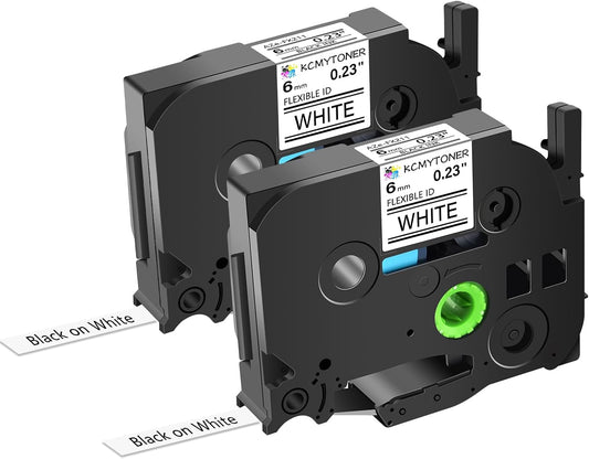 2 Pack 6mm 0.23'' FX211 Laminated Tape Compatible for Ptouch TZ TZe Flexible ID Cable Wires Labels Black on White 1/4" for PTD200 D210 D400 D600 PTH100 H110 PTP300BT PTP700 PTP710BT