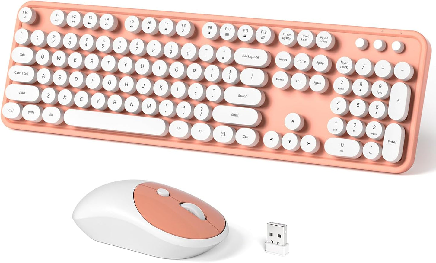 Wireless Keyboard and Mouse Combo, MOWUX Full Size Typewriter Retro Round Computer Keyboard, Mouse Wireless, Plug and Play, for Laptop, PC, Computer- Orange