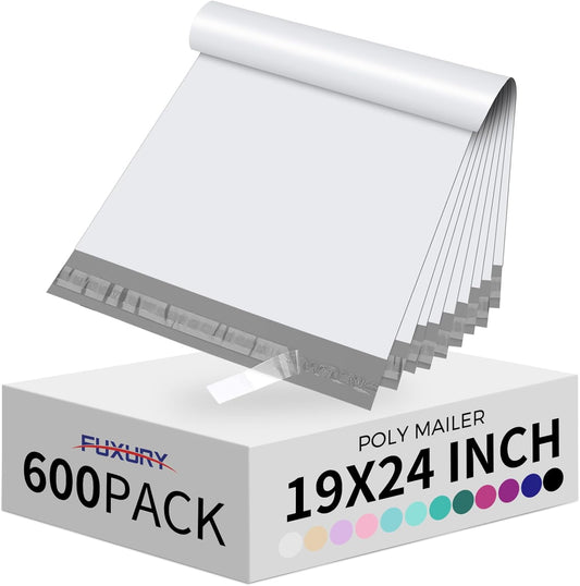 Fuxury Poly Mailers 19x24 Inch 600 Pack, Bulk Shipping Bags for Clothing, Strong Adhesive Shipping Envelopes for Small Business Suppliers,Waterproof Mailers Poly Bags Mailing Envelopes White