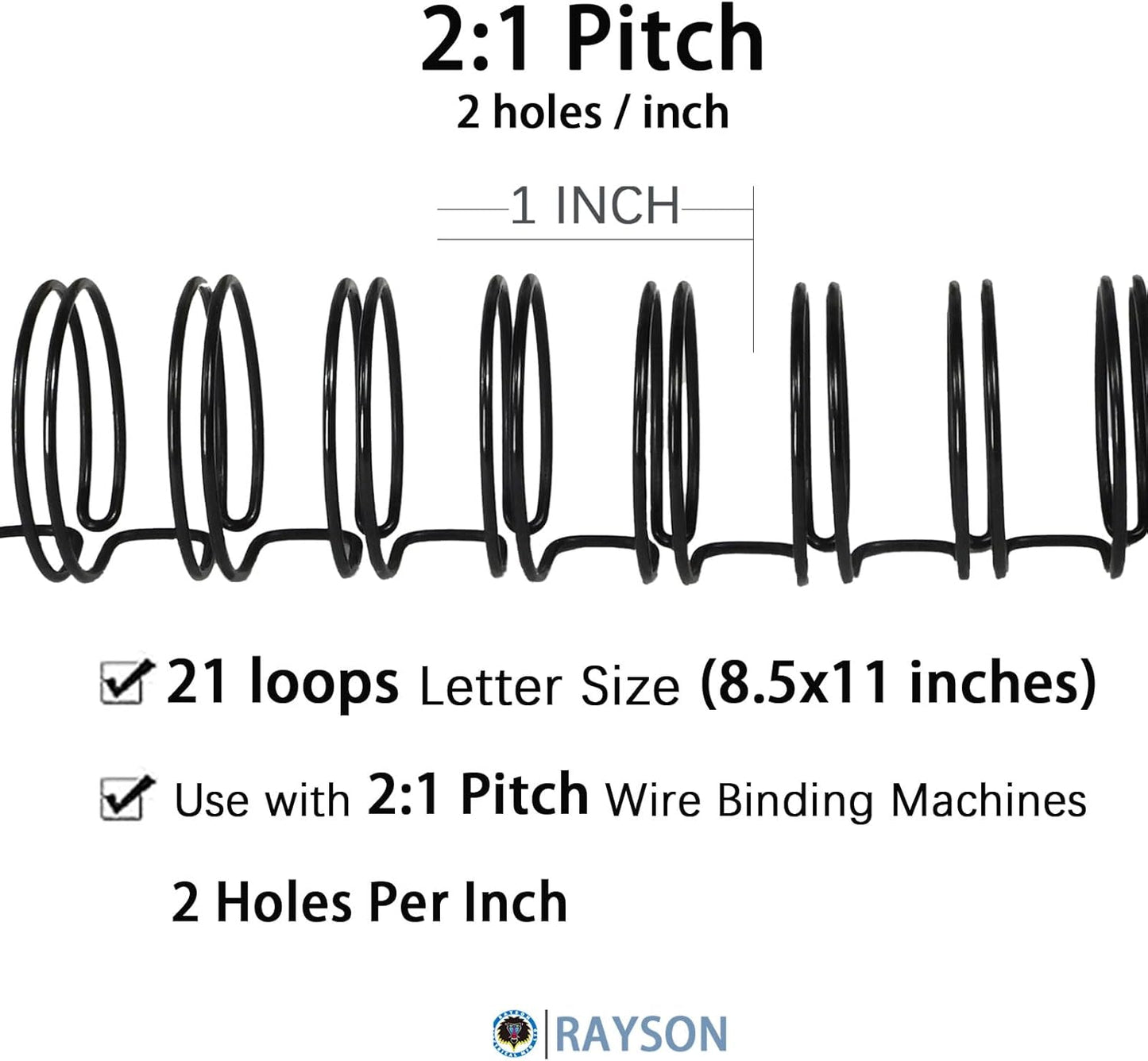 Rayson 2:1 Pitch Double Loop Wire Binding Spines, 3/8 Inch (9.5mm), 21 Loops, Black, Holds 10–70 Sheets, Pack of 100 – Metal Wire Binding Combs for Letter Size Paper