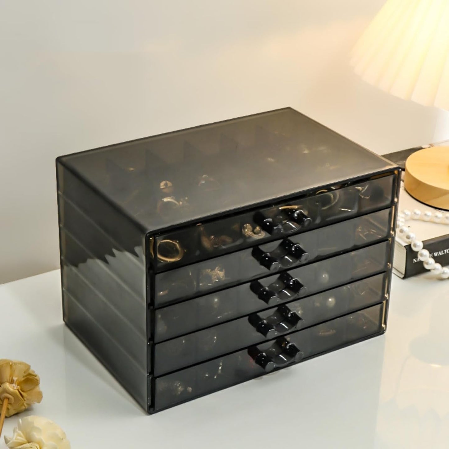 Feadily Acrylic Jewelry Organizer Box, Jewelry Drawer Organizer With 5 Drawers 120 Grids, Black