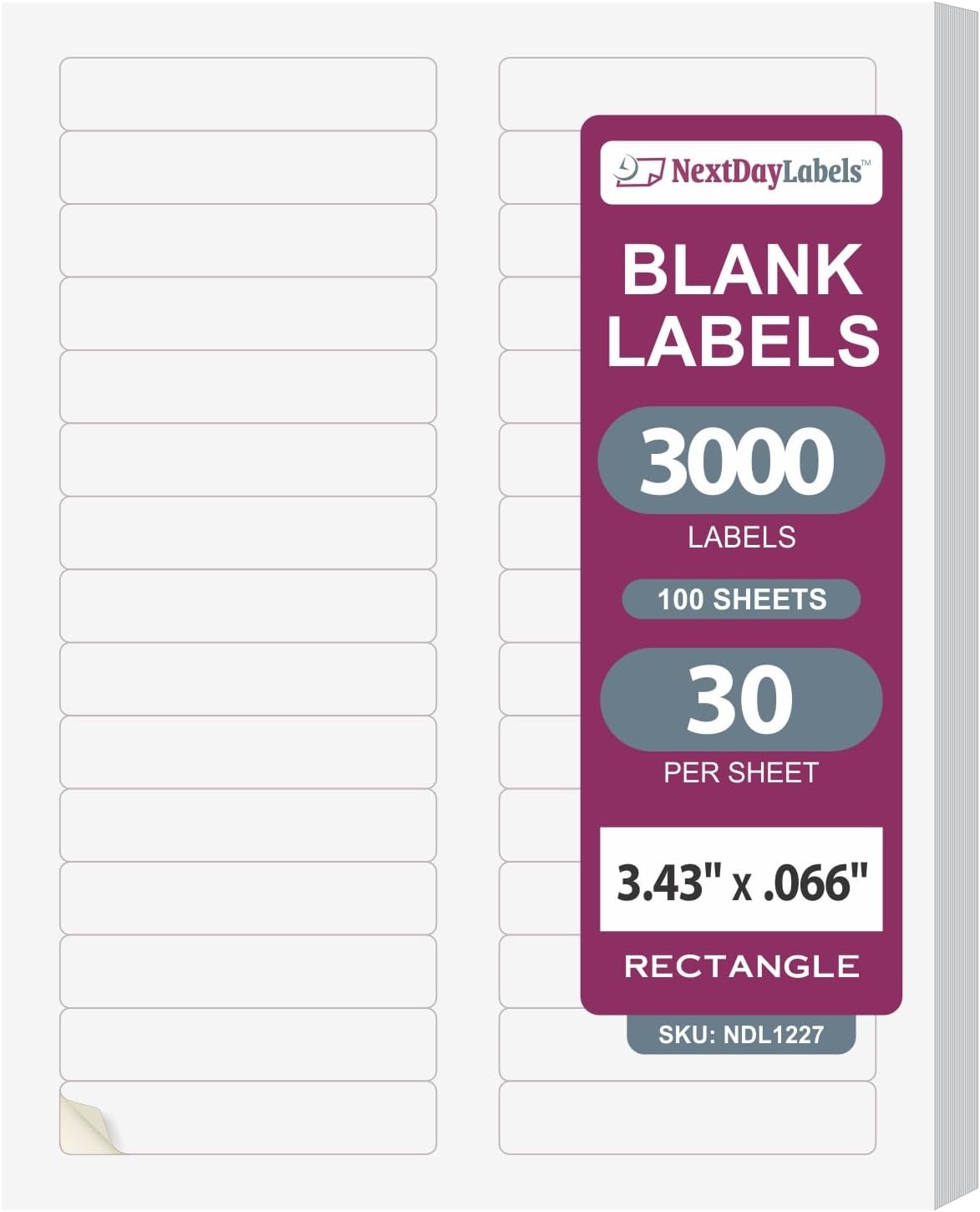 NextDayLabels - 3-7/16" x 2/3" Rectangular Sticker Labels for Printer - White Laser/Inkjet Printer Labels Return Address Labels Shipping Label Stickers (100 Sheets, 30 Per Sheet, 3000 Labels)