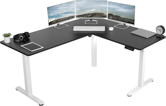 VIVO Electric Corner L-Shaped 63 x 55 in Standing Desk, Memory Height Adjustment, Black Top White Frame, DESK-E3CTWB