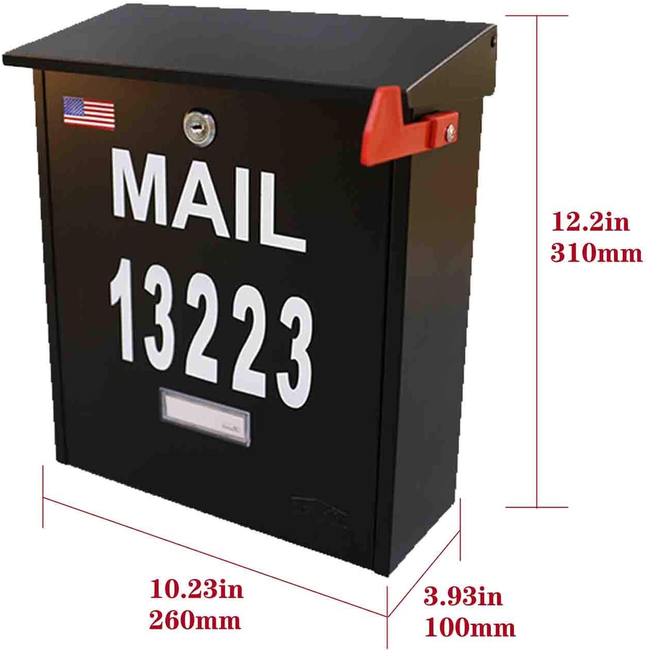Wall Mount Locking Mailbox - Black Large Capacity Security House Numbers Mailbox - Waterproof Stainless Steel Vertical Drop Mail Box Outdoor with Keys