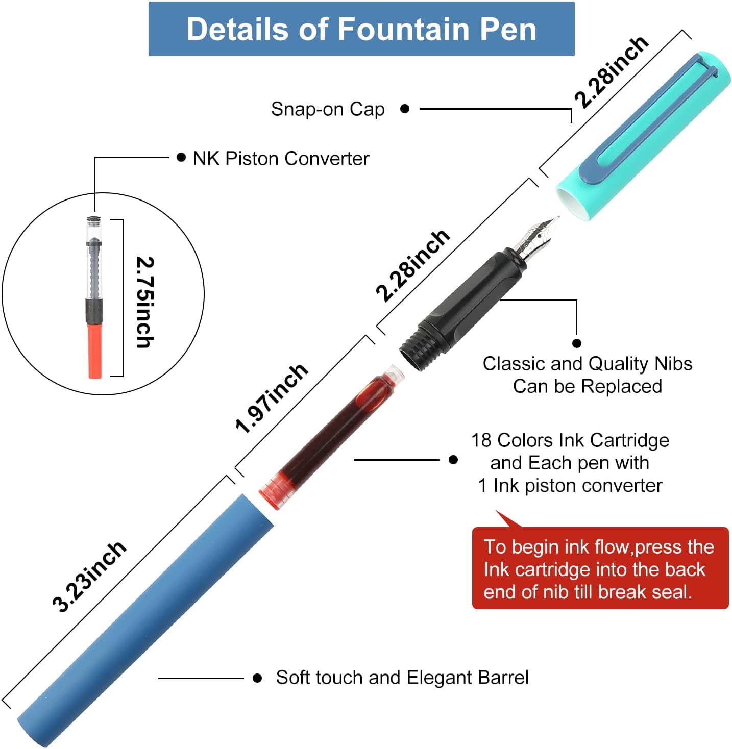 GC QUILL Calligraphy Fountain Pen Set - 5 Different Nibs and 18 Ink Cartridges, Calligraphy Set for Beginners - MU-20