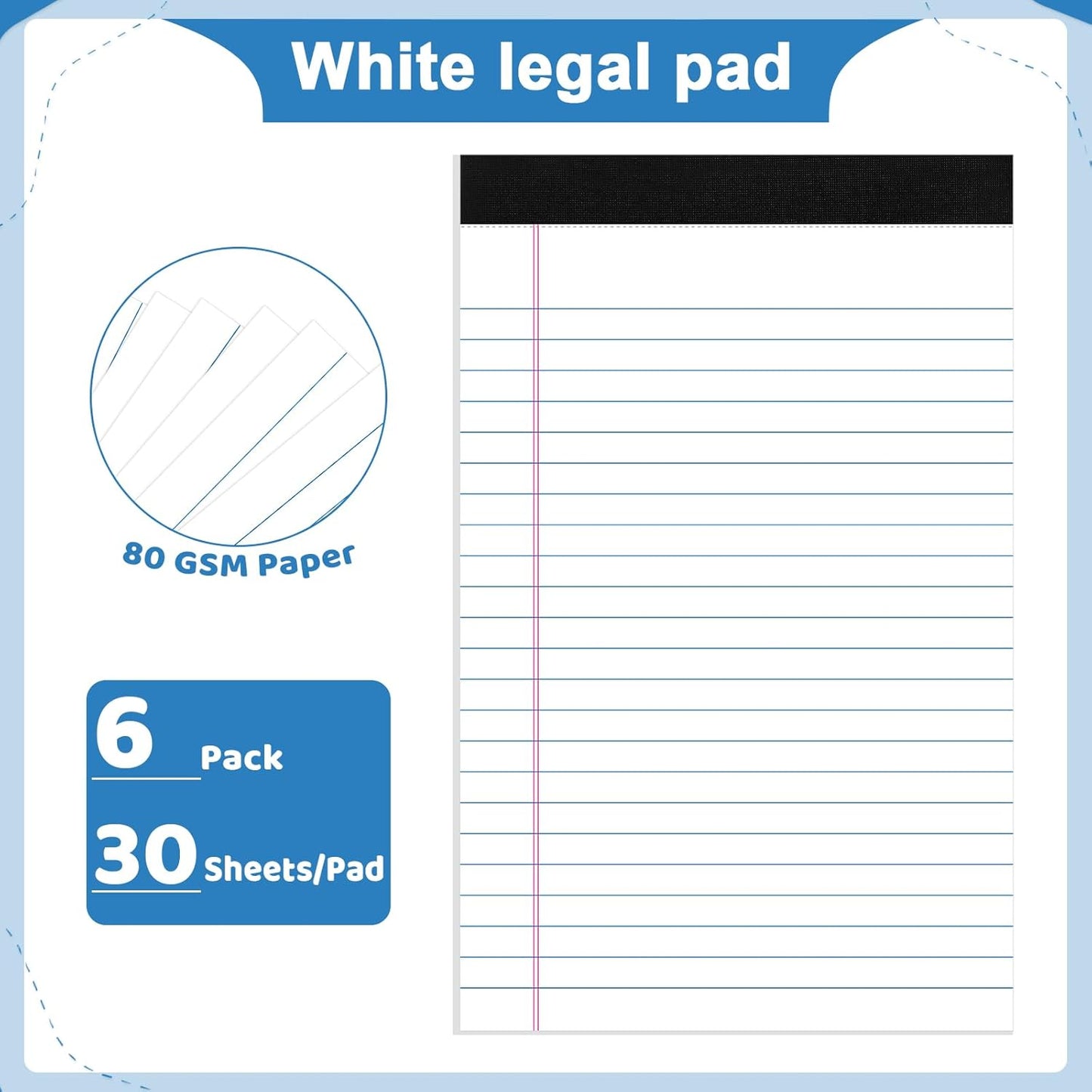 6 Pack Legal Pad 5x8, 180 Sheets Small Note Pad College Ruled Writing Pad Perforated Notepad for School, Office, To-Do Lists Grocery List Shopping List, 30 Sheets White