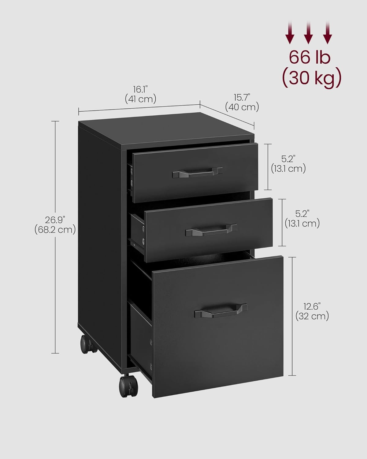 VASAGLE File Cabinet, 3 Drawers Filing Cabinet for Home Office, with Wheels, for A4, Letter Sized Documents, Hanging File Folders, Ink Black UOFC065B16