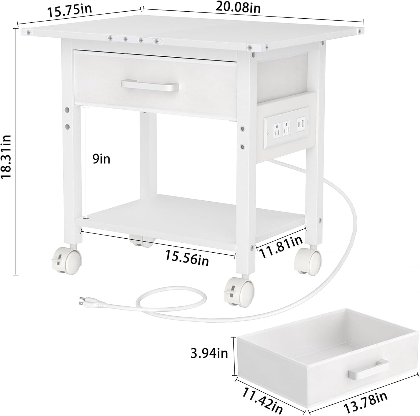 Lerliuo Under Desk Rolling Printer Stand with Charging Station and USB Ports, 2-Tier Printer Table Desk with Fabric Drawer, Printer Cart Holder with Lockable Wheels for Home, Office (White)