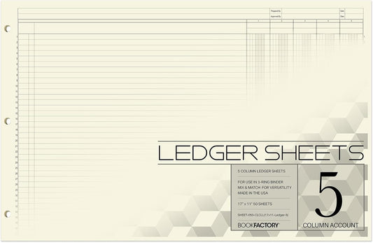 BookFactory Ledger Sheets/Large 5 Column Accounting Ledger Columnar (Five Columns) Loose Leaf Paper - 17'' x 11'', 50 Pages, Loose Leaf, 3 Hole Punched (SHEET-050-CLCLL(17x11-Ledger-5)-AX)