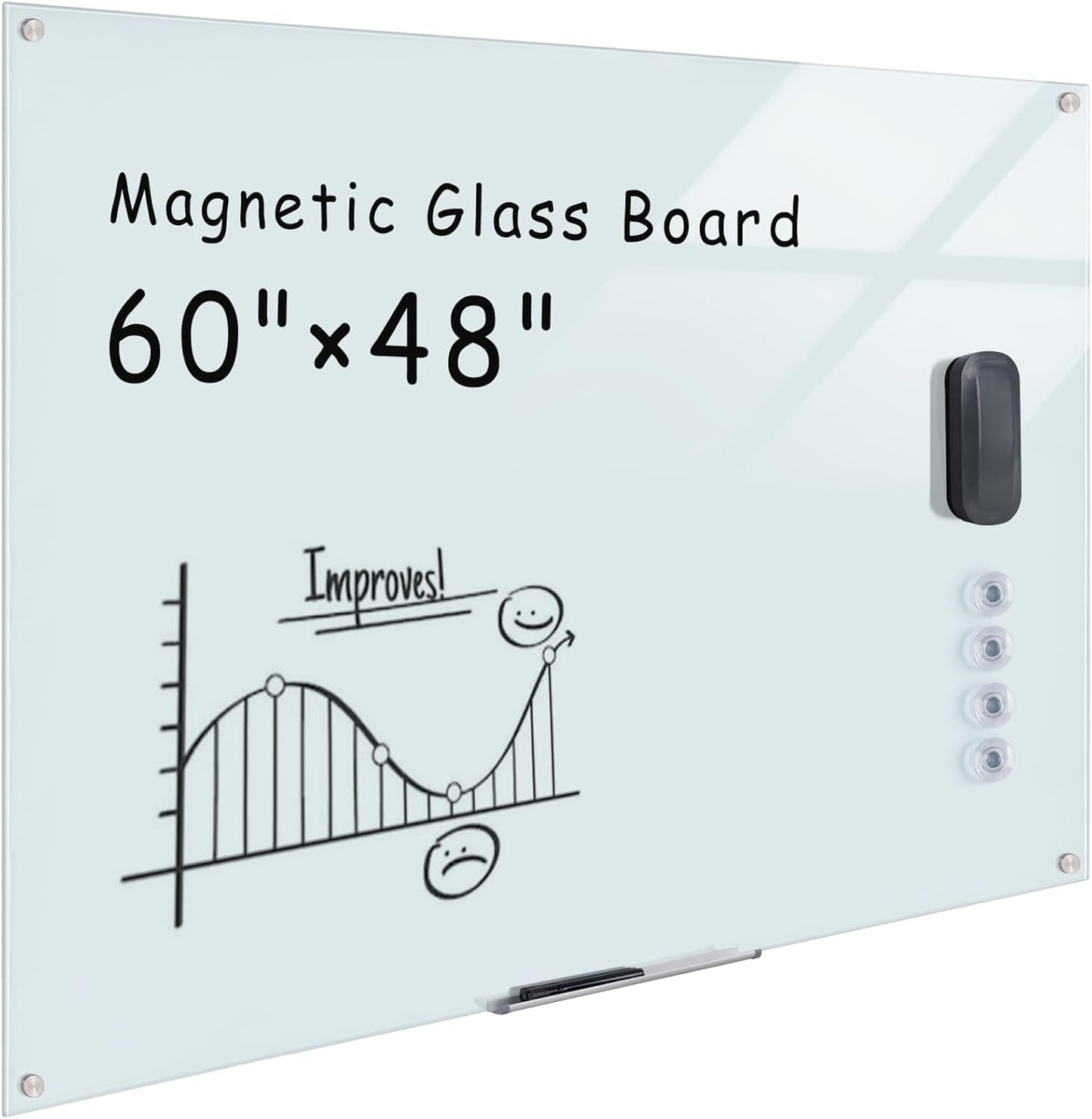 Magnetic Glass Whiteboard，60"x48" Wall Mounted Frameless Dry Erase Board for Office, Home & School White