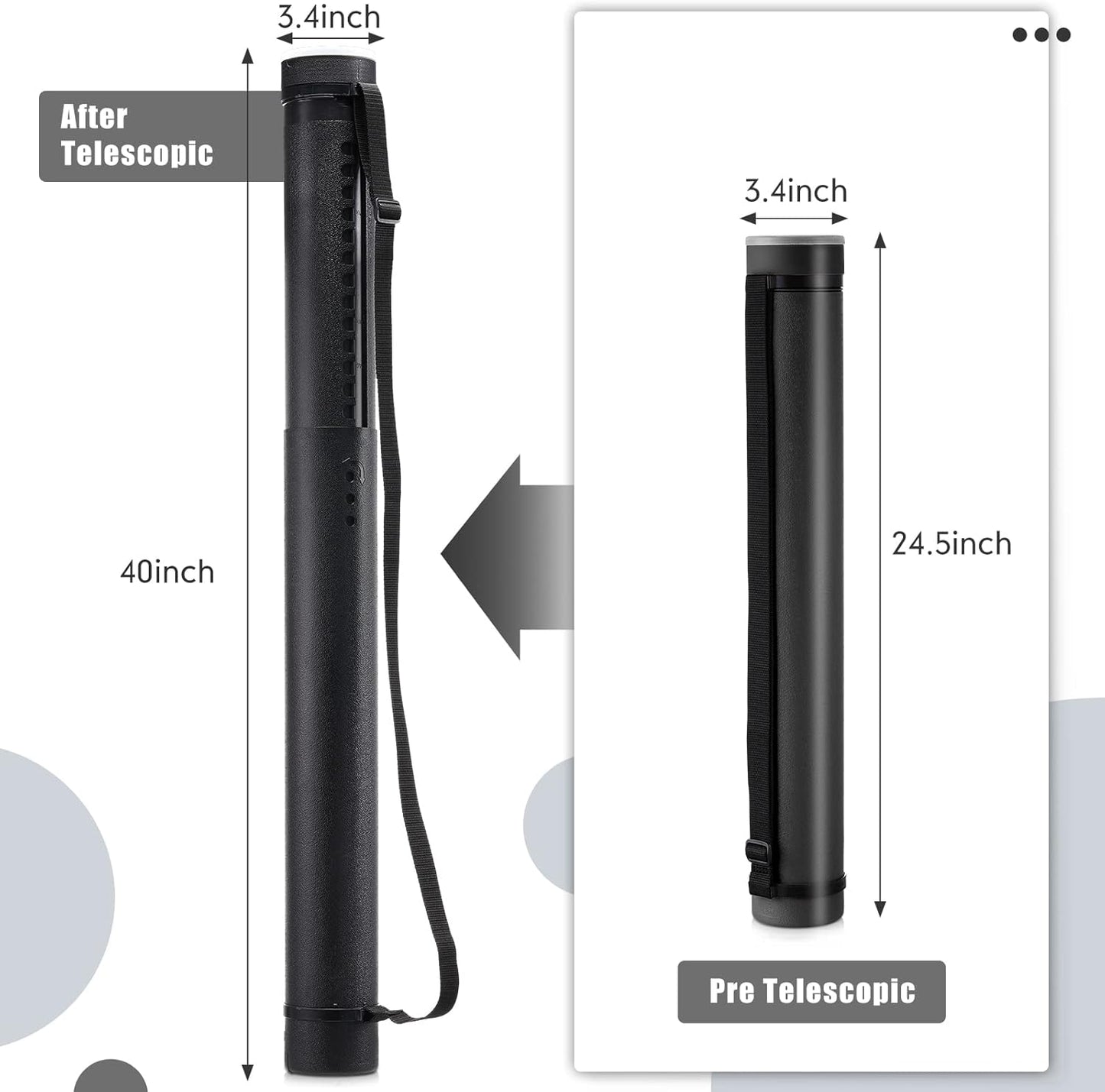 3 Pcs Extendable Poster Tubes Plastic Poster Document Storage Tube with Carrying Strap 24-40 Inch Expanding Blueprint Holder Telescoping Tube with Cap Waterproof Art Poster Tubes (Black)