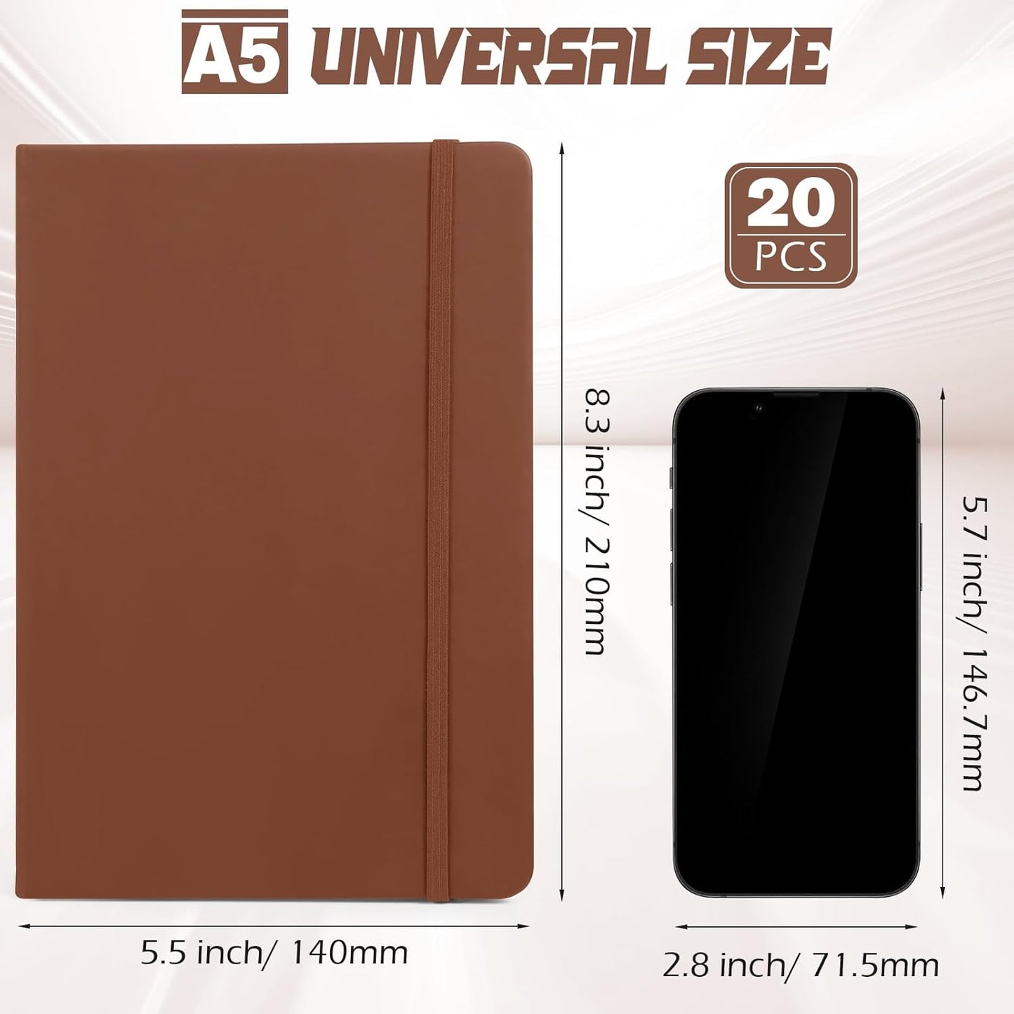 Honoson 20 Pack Lined Journal Notebooks A5 Hardcover Executive Notebook 5.5" x 8.3" PU Leather Wide Ruled Journals Bulk with Elastic Band for Home Business Office School Supplies(Brown)