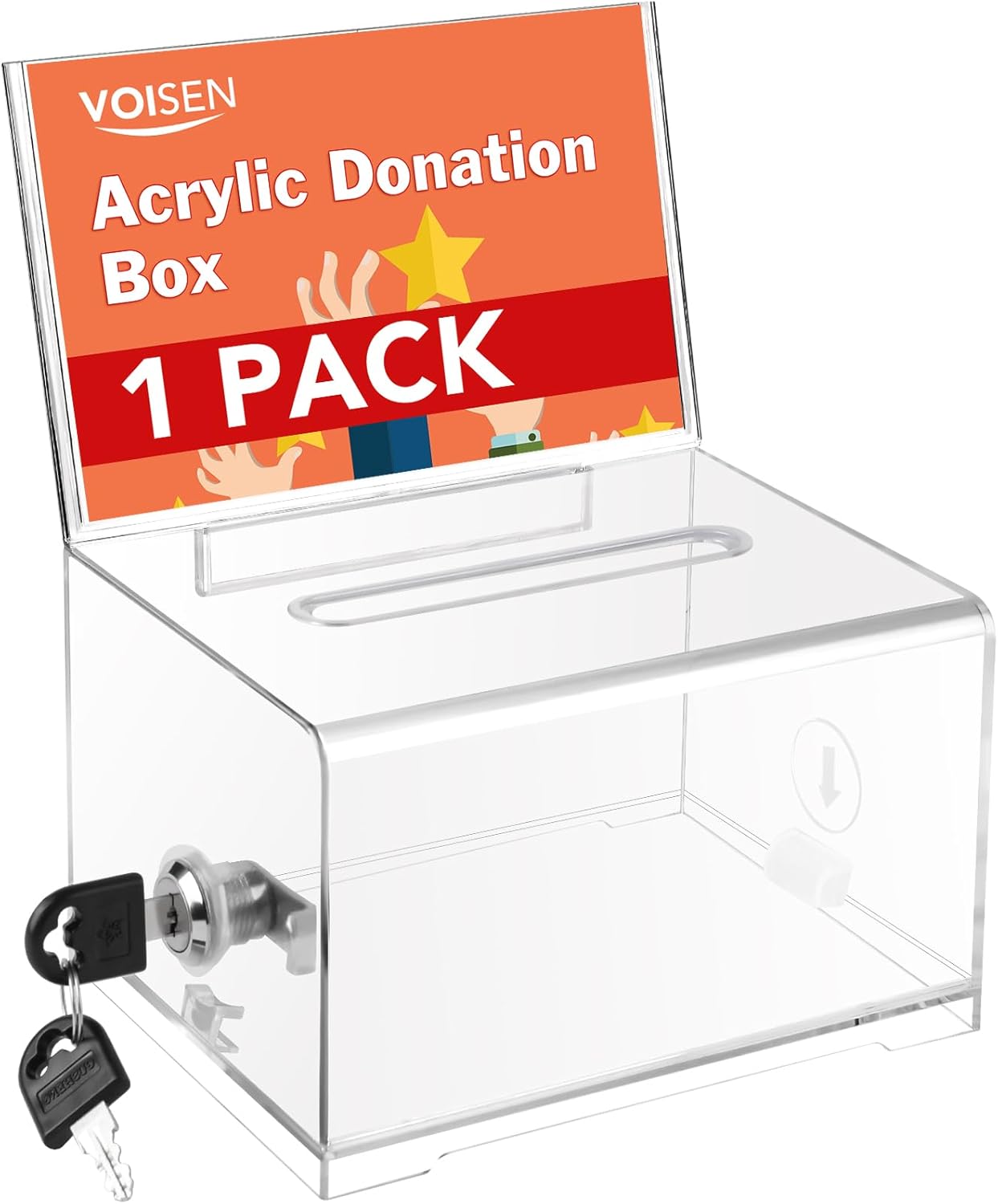 VOISEN Clear Donation Box with Lock,Ballot Box with Sign Holder,Suggestion Boxes for Fundraising, Tip Jar with Slot for School,Conference 6.2x4.6x3.9 Inch