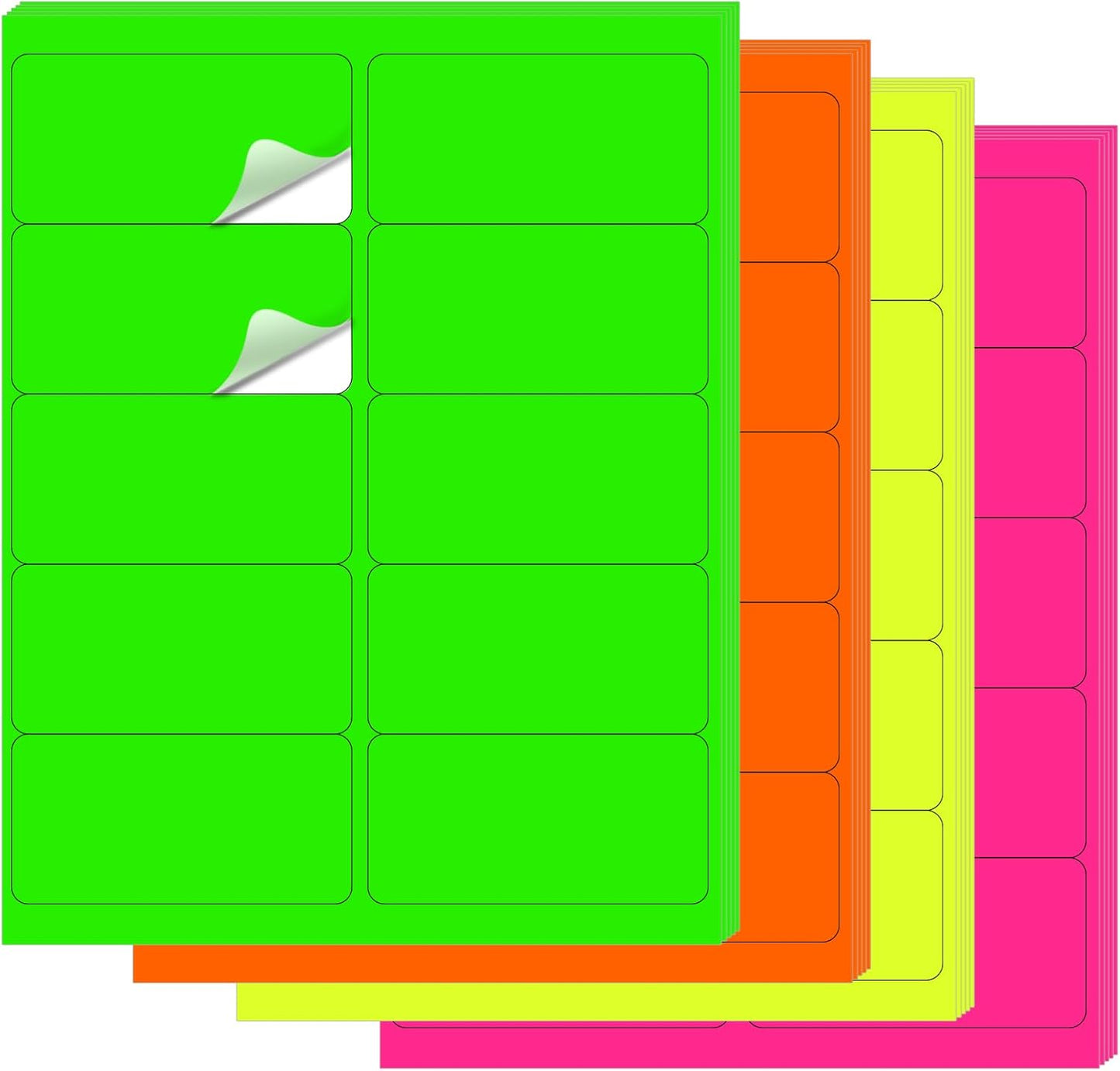2" x 4" Neon Colored Labels Stickers Fluorescent Bright Neon Color Address Labels for Laser/Inkjet Printer, Permanent Adhesive- 600 Pcs/ 4Colors
