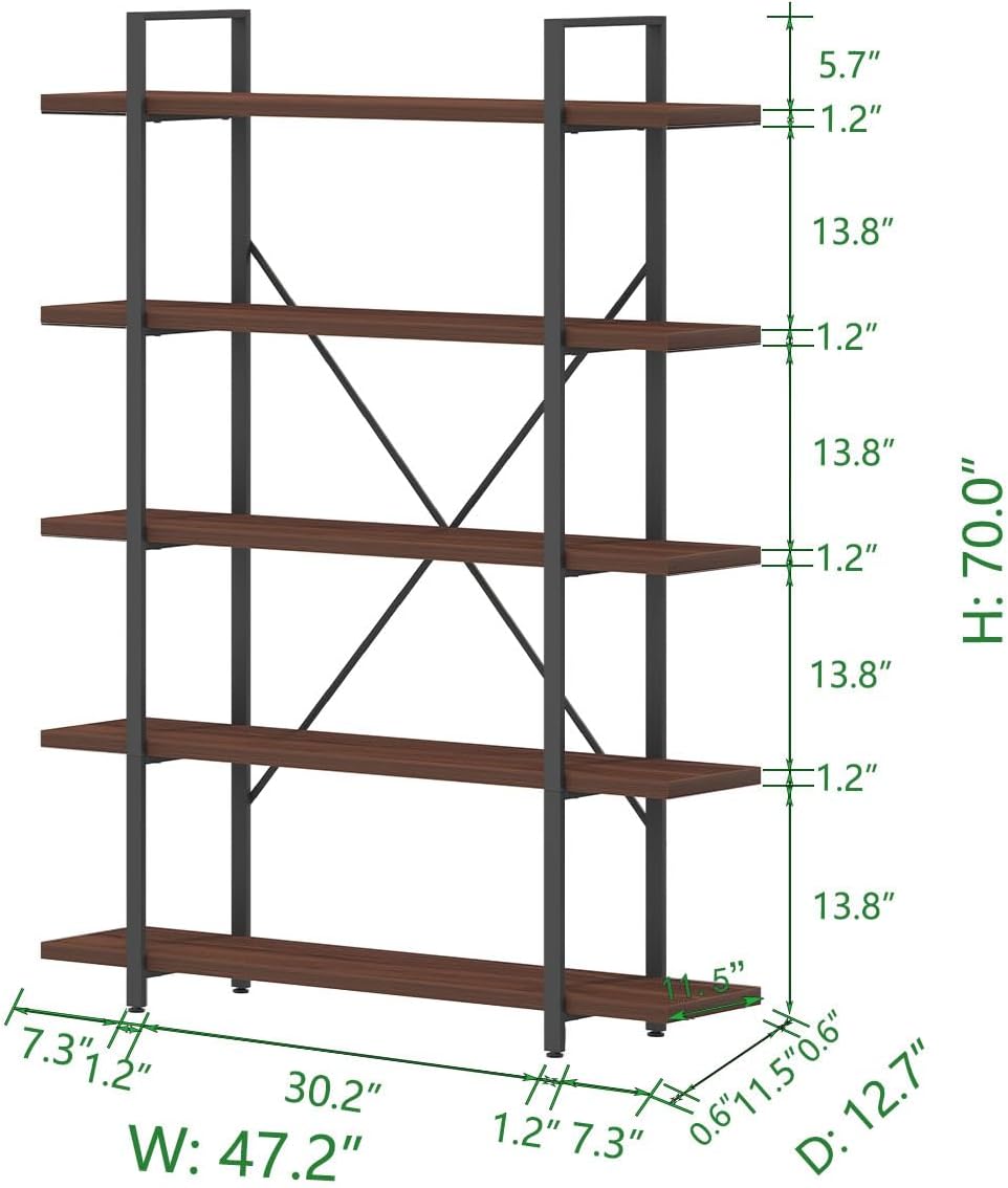 HSH Walnut 5 Tier Bookshelf, Tall Bookcases and Book Shelves 5 Shelf, Large Industrial Metal Wood Display Book Shelf Storage Rack, Rustic Open Bookcase Bookshelves for Bedroom Living Room Office