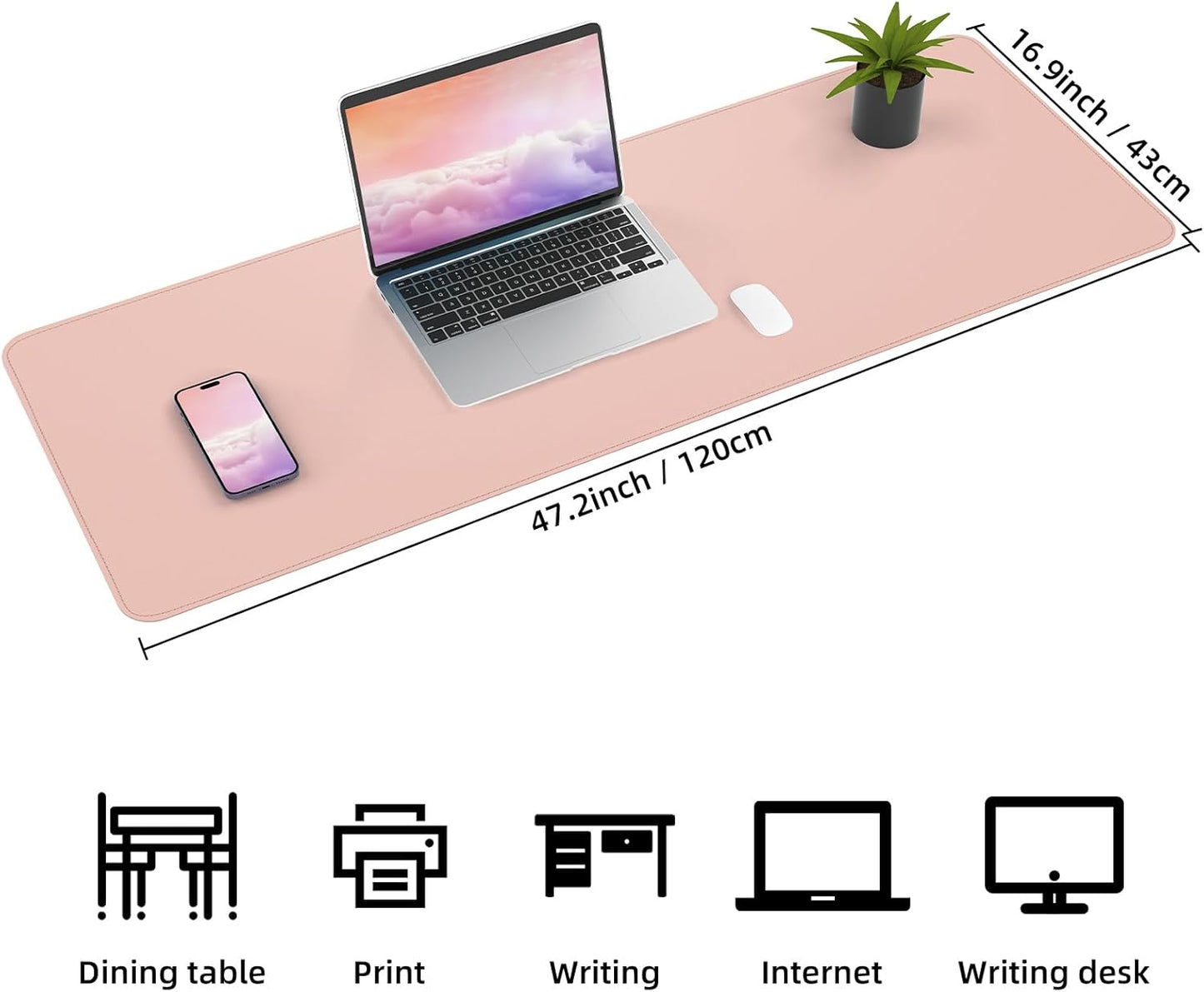 Large Desk Mat -47.2" x 17.5" Leather Desk Pad Protector with Natural Cork & PU Leather, Non-Slip Office Desk Mat, Double-Sided Mouse Pad, Waterproof Large Desk Pad for Office&Home(Pink)