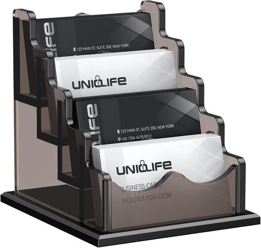Uniclife Acrylic Business Card Holder for Desk 4 Slots Horizontal Business Card Display Stand for Men and Women Desktop Name Card Organizer Card Stand for Office Home, 240 Card Capacity, Black