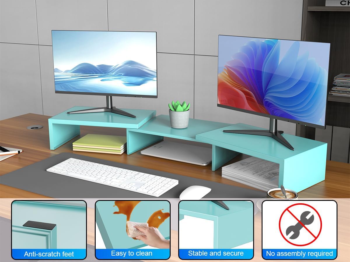 Dual Monitor Stand for Desk, Metal Computer Stand, Desk Shelf Riser,Desktop Organizer for Home and Office Use (Blue)