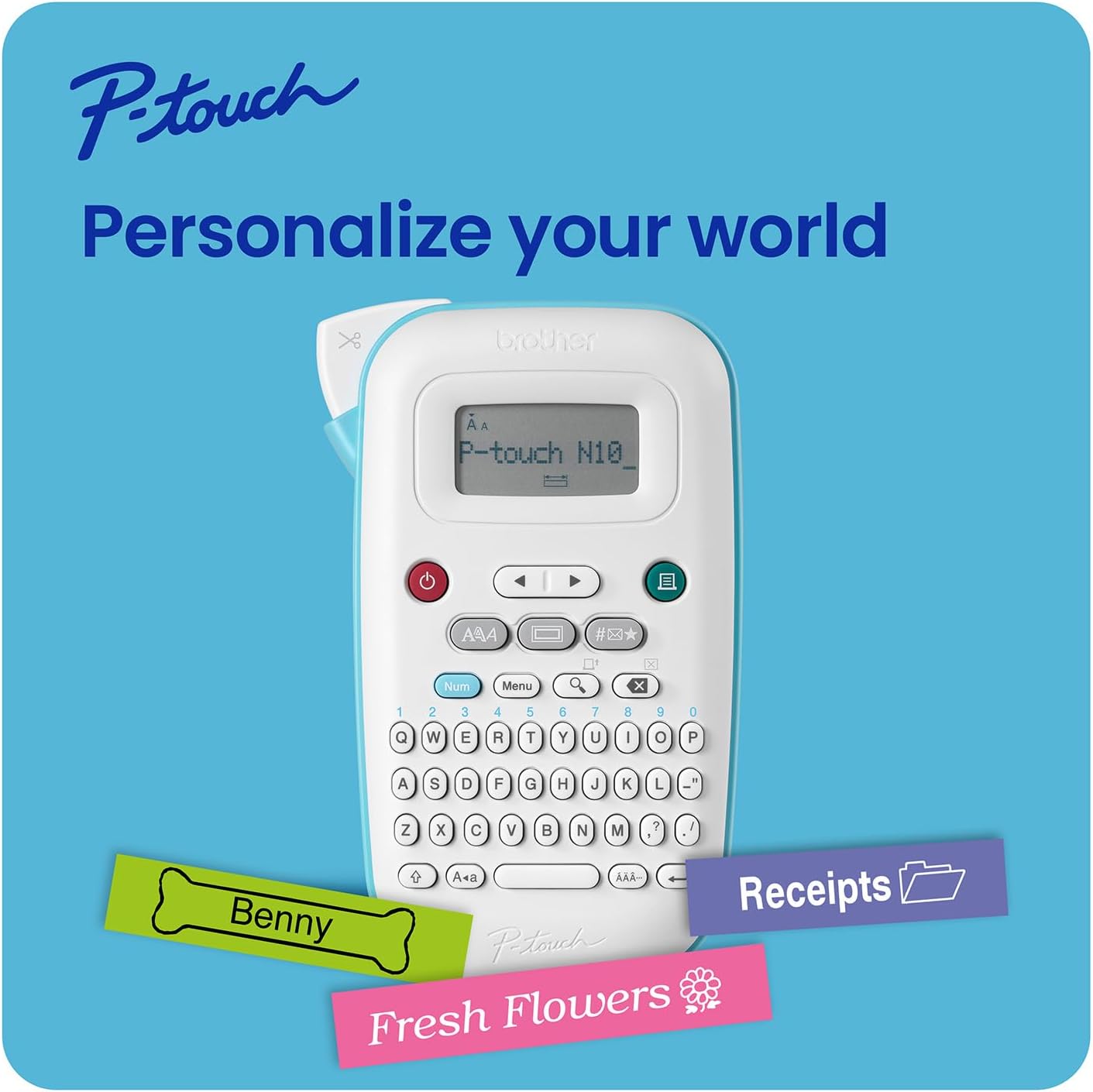 Brother P-Touch PT-N10 Personal Handheld Label Maker, Portable and Prints, P-Touch Btag ~½” (12mm) Wide Color Personalized Label Tapes,